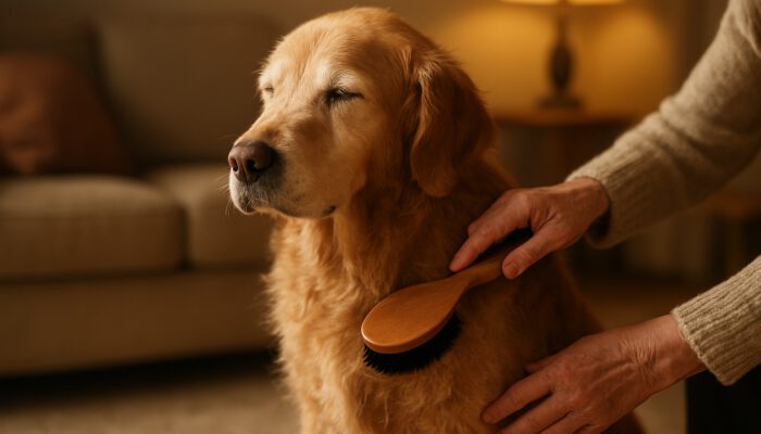 Elderly golden retriever with dry, patchy fur being gently brushed by owner in a warm home setting