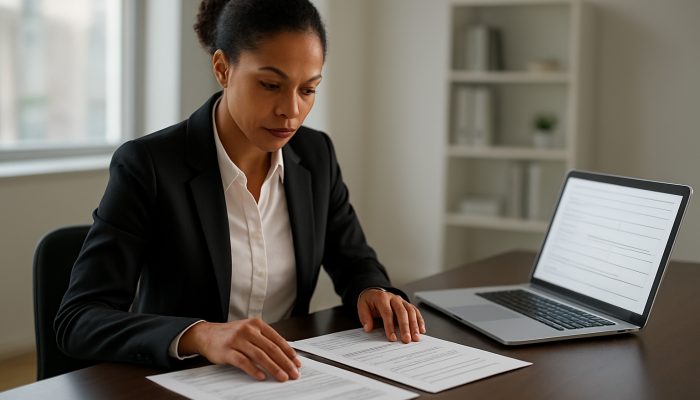 Professional organising income proofs and identification documents beside a laptop for loan application in a bright modern office