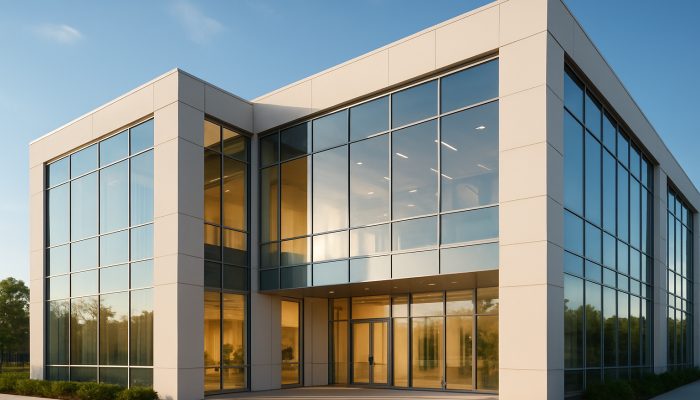 Modern commercial building with pristine gleaming windows and bright welcoming interiors.