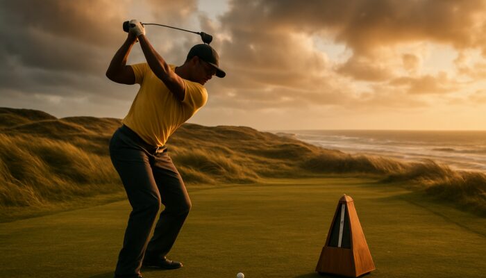 Dedicated South African golfer mid-swing with metronome on a breezy coastal fairway at golden hour