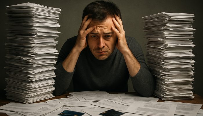 Signs You Have Too Many Separate Debts: Spot Key Indicators | DCL Stressed individual overwhelmed by numerous credit card bills and loan notifications on a cluttered table