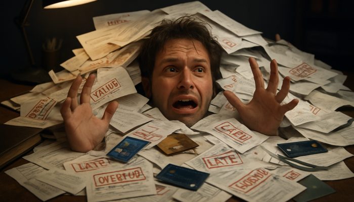 Signs You Have Too Many Separate Debts: Spot Key Indicators | DCL Individual overwhelmed by a chaotic pile of overdue bills and loan papers on a disorganised desk