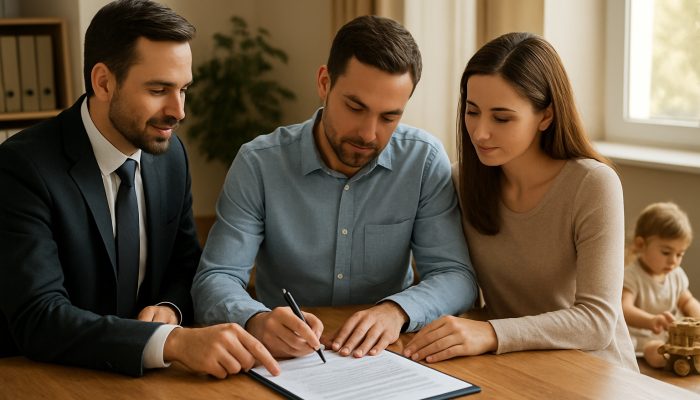 Family lawyer assists co-parents signing financial agreement as child plays in sunlit office
