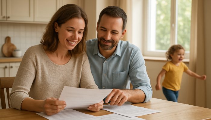 Co-parents review finances at sunlit kitchen table with child playing nearby in stable home