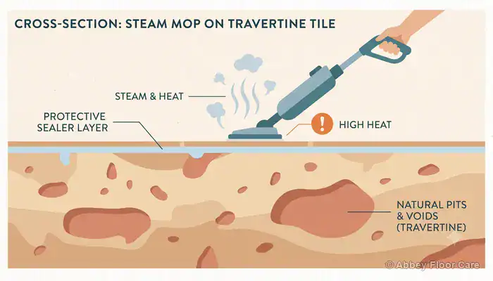 Steam mop passing over filled travertine floor tiles during cleaning