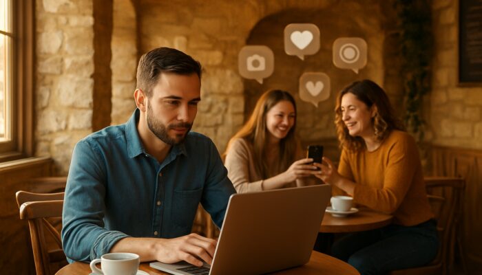 Café owner in Cirencester reviews Instagram posts on laptop amid satisfied customers in golden light