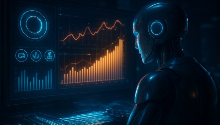 Futuristic AI analysing glowing financial reports and social media data streams in a digital command centre.