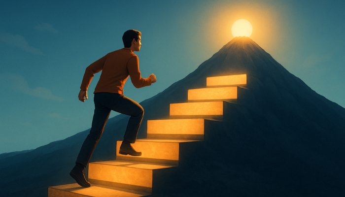 Planning Life After Monthly Debt Bills End: New Beginnings | DCL Person climbing stepping stones labeled emergency fund and holiday savings toward financial independence summit