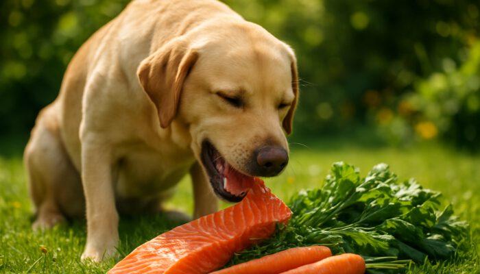 A happy Labrador enjoying raw salmon and vegetables in a sunny garden for natural pet wellness