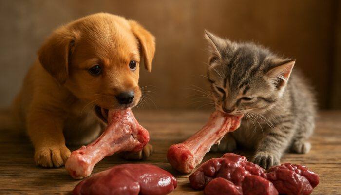 A playful puppy and kitten chewing raw bones alongside organ meats on a wooden table.