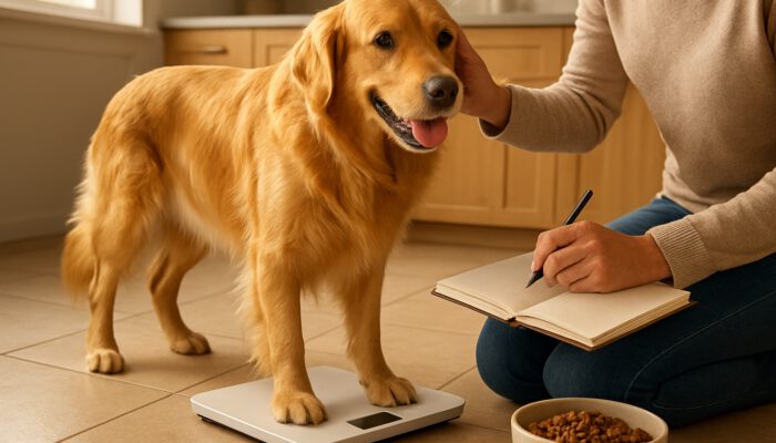 Owner weighing an energetic golden retriever while checking its coat in a sunlit kitchen