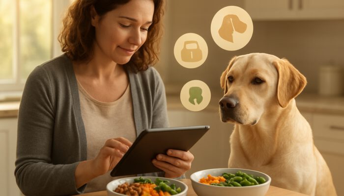 Owner reviewing health data of a Labrador on a tablet beside customised nutrition bowls in a kitchen