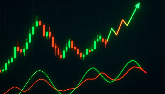 Close-up of Qstick indicator on glowing trading chart with green-red lines and candlesticks.