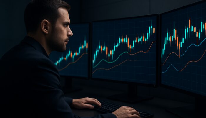 Trader analyzing glowing candlestick charts with Qstick lines on multiple monitors in modern trading room
