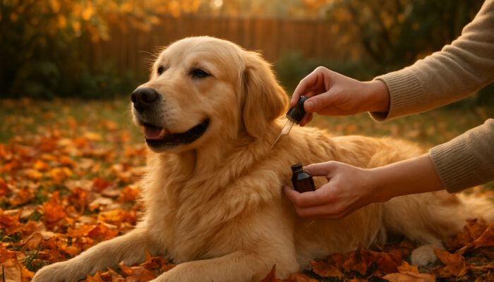Golden retriever receiving natural flea prevention oil applied in autumn backyard