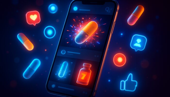 Futuristic neon smartphone showing X feed with exploding supplement ads and glowing capsules.