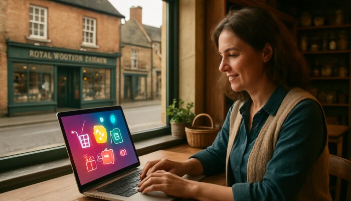Small business owner configuring WooCommerce store on laptop in historic Royal Wootton Bassett shop