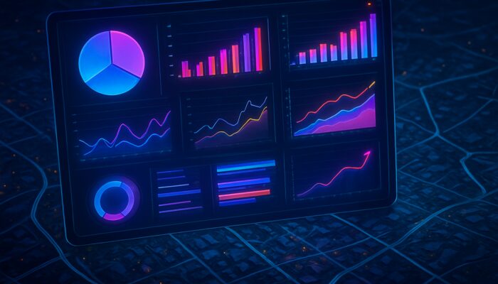 Futuristic cyberpunk WooCommerce analytics dashboard with glowing charts over Royal Wootton Bassett map