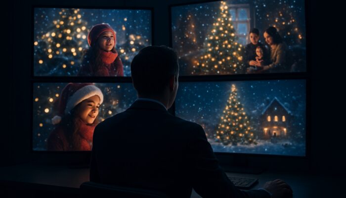 Strategist analysing competitors' festive holiday video campaigns and metrics on illuminated screens in a dimly lit room.