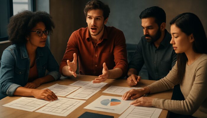 Diverse creative team planning a brand video with storyboards and budget charts under cinematic lighting.