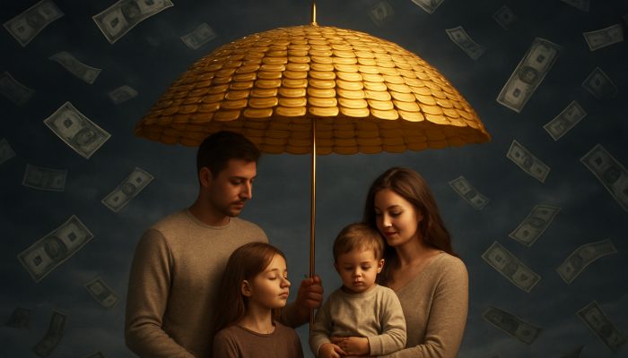 How to Avoid Repeat Debt After Combining Bills | DCL Family under glowing gold coin umbrella shielding from dark storm clouds of unexpected bills, symbolising emergency savings.