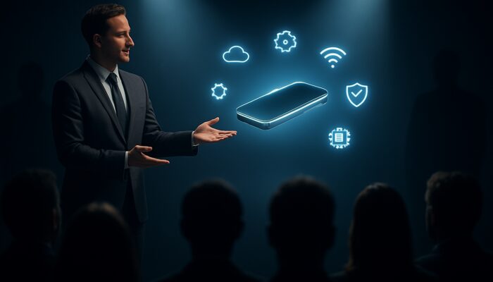 On-stage product demo of a glowing gadget with tech icons versus shadowy competitors before an audience.