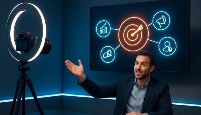 Marketer scripting product demo video in a sleek studio with glowing sales goals icons.