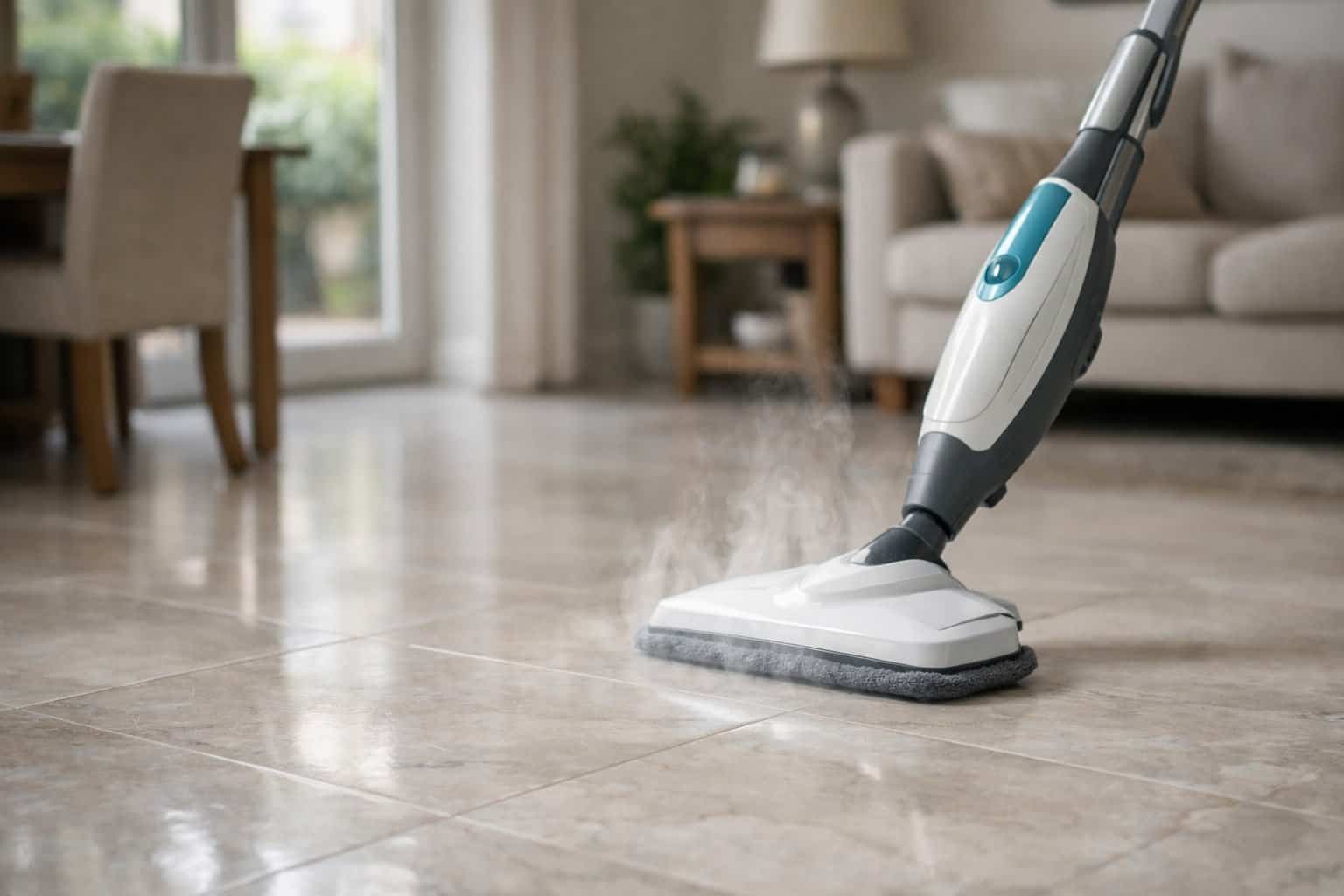 Steam cleaner positioned on a natural stone floor during a surface safety assessment