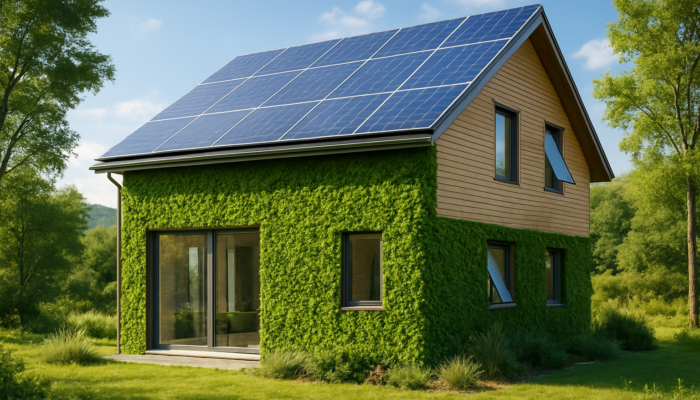 Modern eco-friendly house featuring solar panels, green walls, and smart windows set in a tranquil landscape.