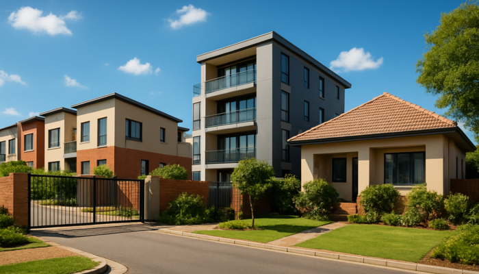 Vibrant South African neighbourhood with modern townhouses, urban flats, and duplexes under sunny sky.