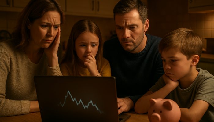Building Buffers to Absorb Future Shocks: Practical Tips | DCL British family anxiously reviews fluctuating income graph on laptop with empty piggy bank in kitchen